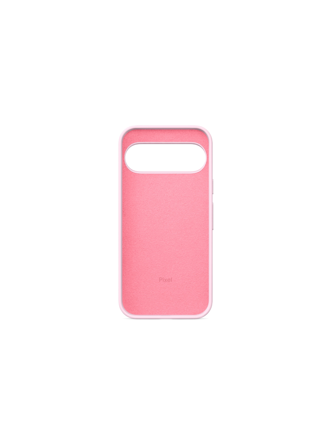 Una funda de teléfono rosa, abierta por detrás, con marco blanco, etiquetada como 'Pixel'.