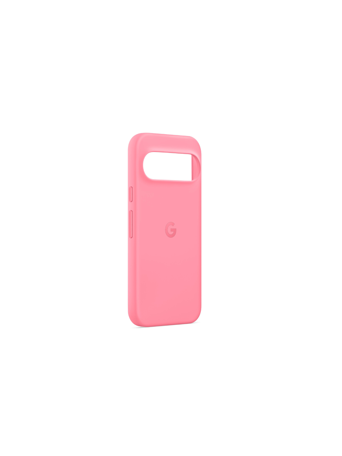 Funda rosa para teléfono con el logo de Google. Tiene un recorte para la cámara.