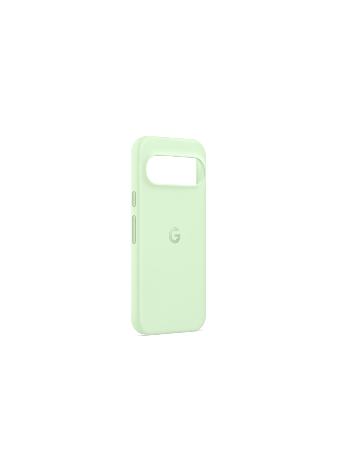 Funda verde menta para teléfono, con el logotipo de Google, sobre fondo blanco.