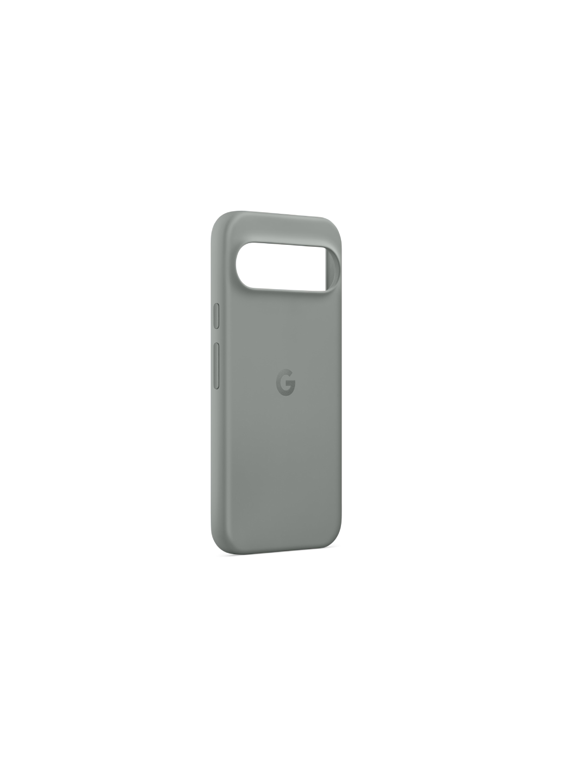 Una funda gris para teléfono con un recorte para la cámara y el logotipo 'G' de Google en el centro.