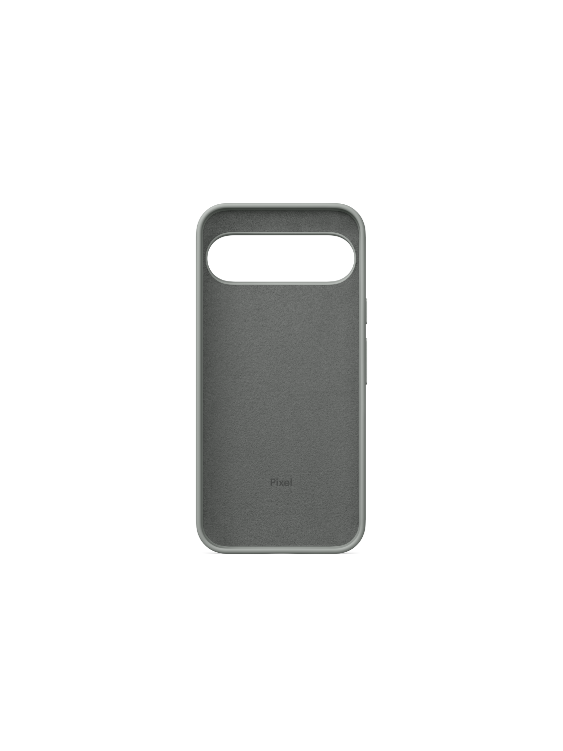 Funda de teléfono gris, con recorte de cámara y la palabra Pixel abajo.