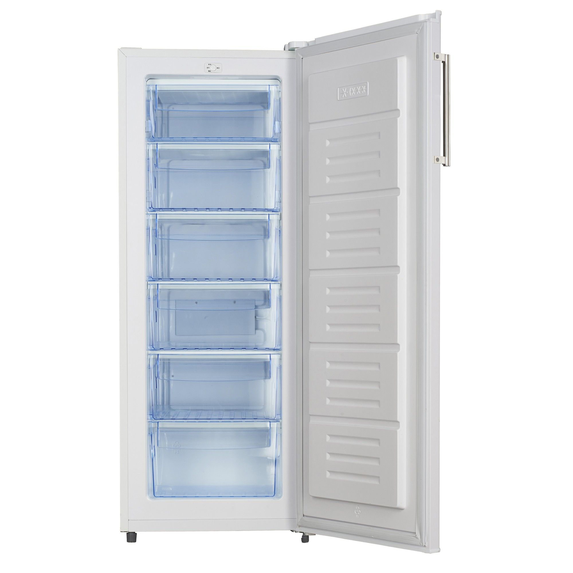 Un congelador blanco con la puerta abierta, que revela varios cajones azules.