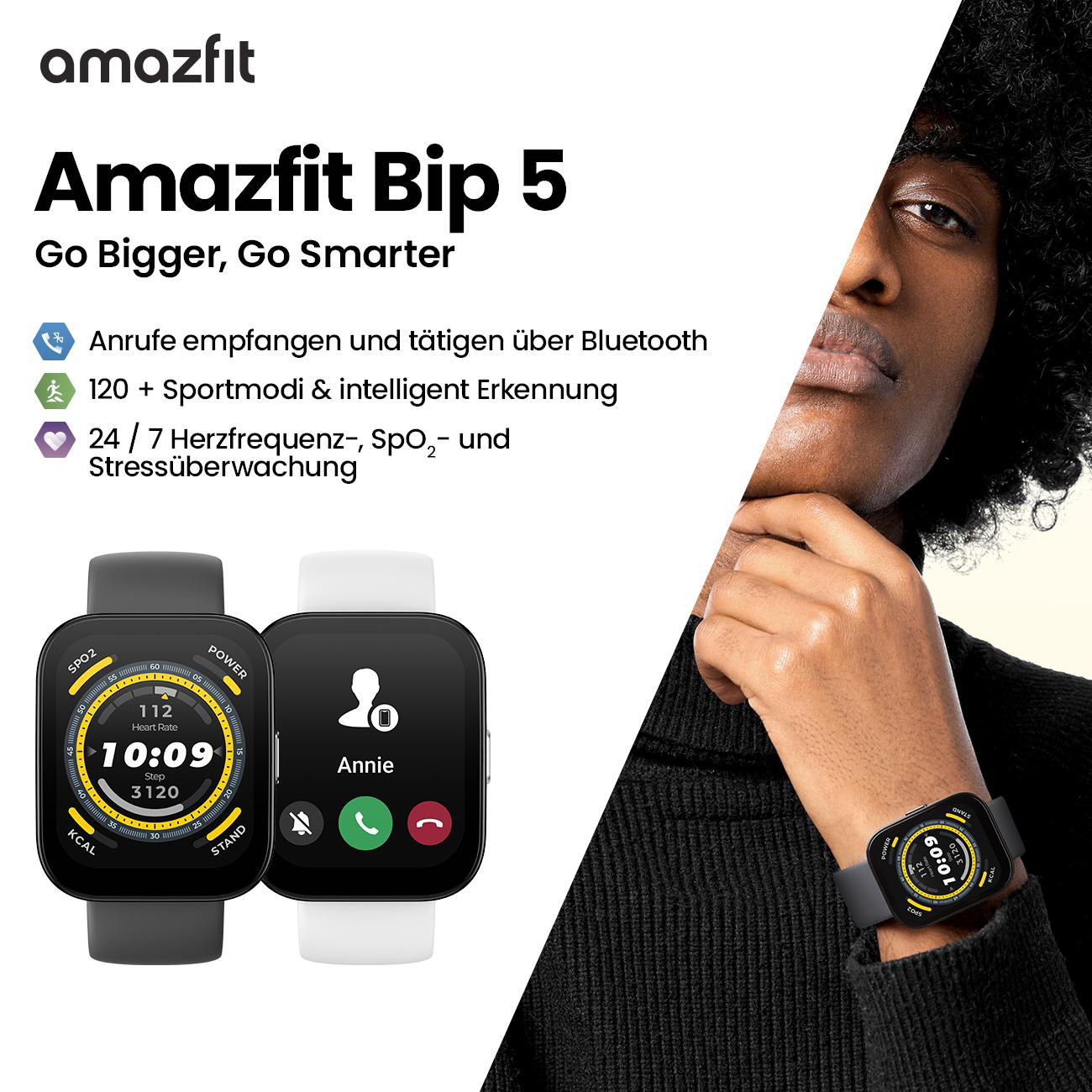 Amazfit Bip 5 Smartwatch am Handgelenk und Produktbilder. Zeigt die Uhrzeit und Metriken.