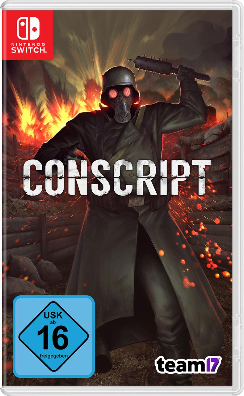 Nintendo Switch Spielcover. Das Spiel heißt 'Consript'. Ein Soldat mit Gasmaske und Knüppel.
