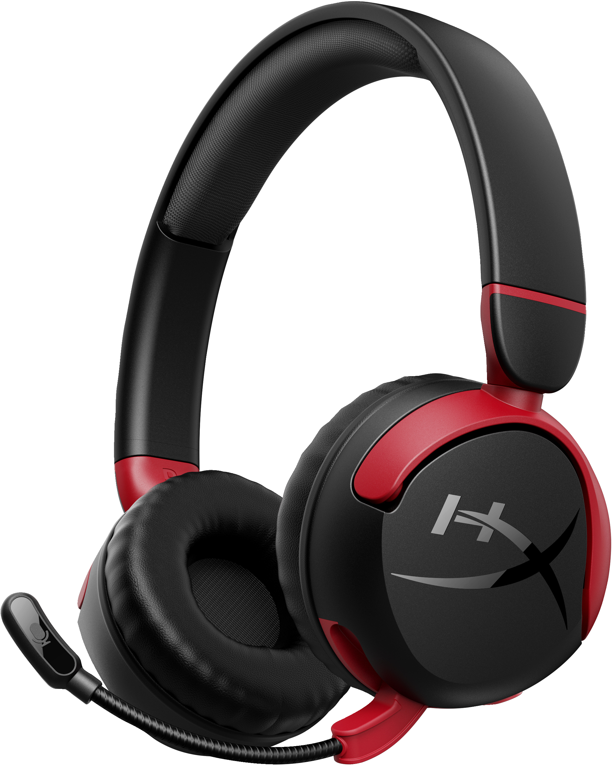 Schwarzes und rotes Gaming-Headset. Es hat ein Mikrofon und das Markenlogo auf den Ohrmuscheln.