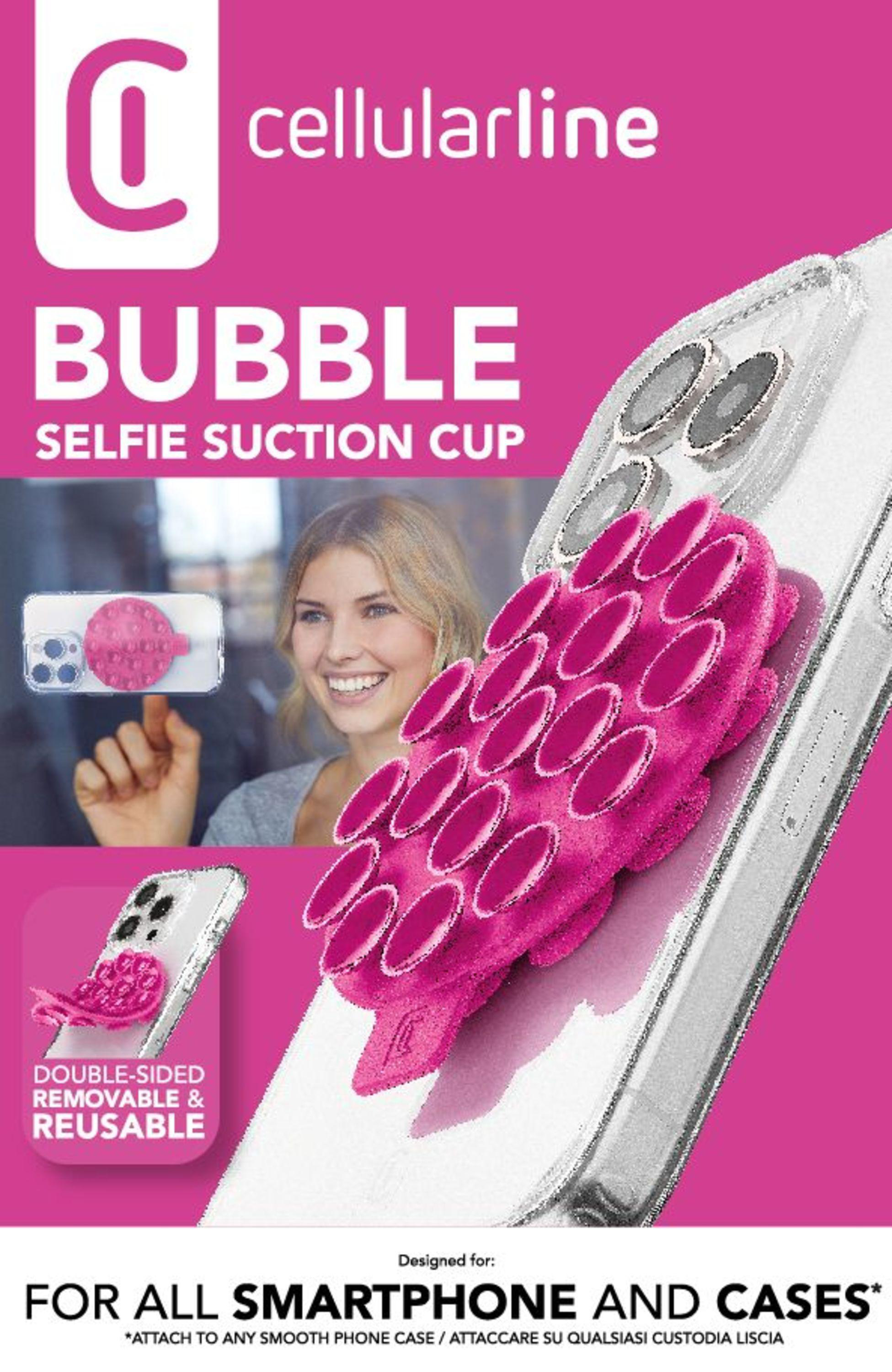 Eine Frau lächelt und hält einen rosa Handy-Saugnapf. Andere Bilder zeigen es auf einem Telefon.