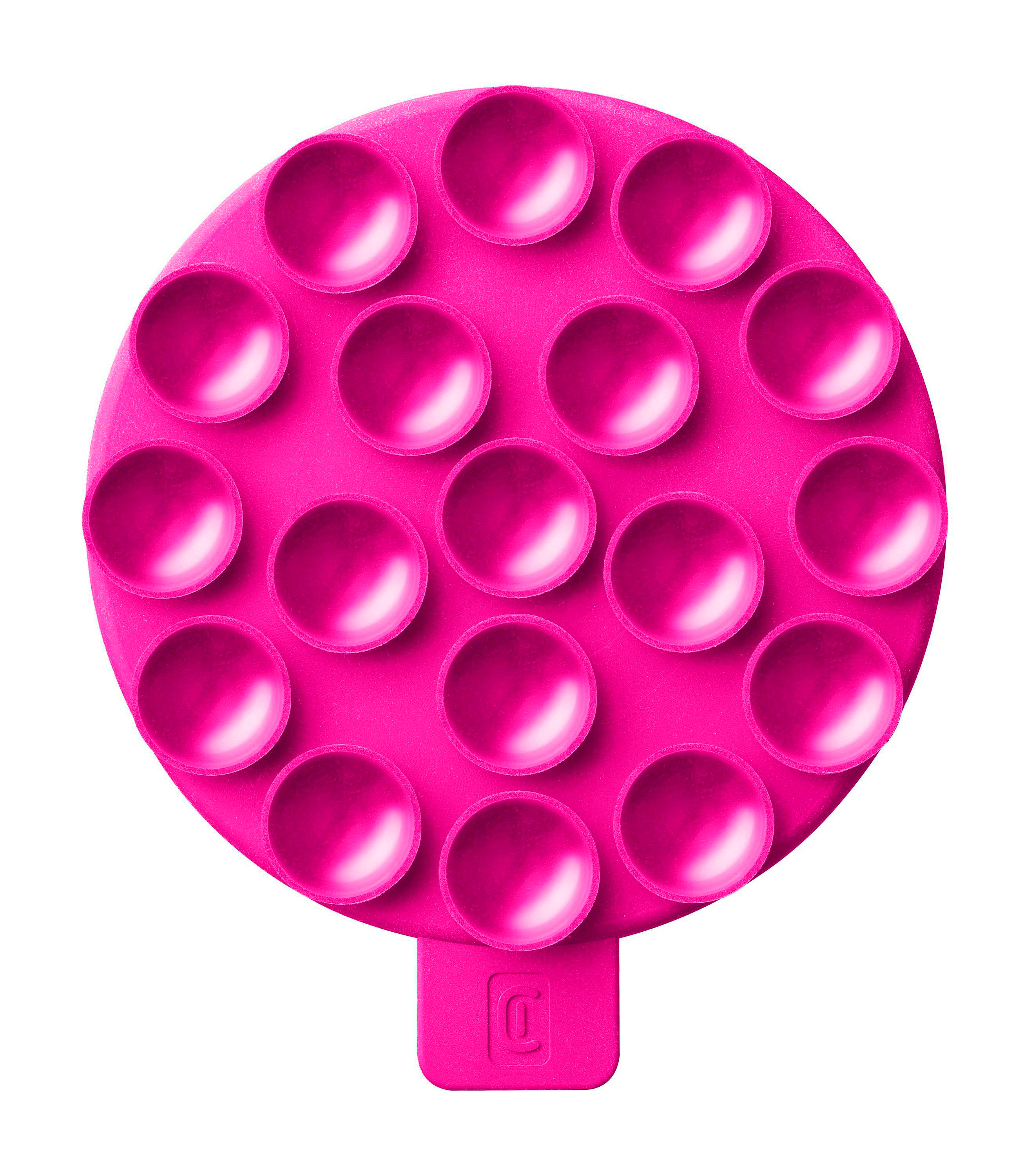 Ein rosa Gesichtsschrubber mit vielen abgerundeten Unebenheiten.