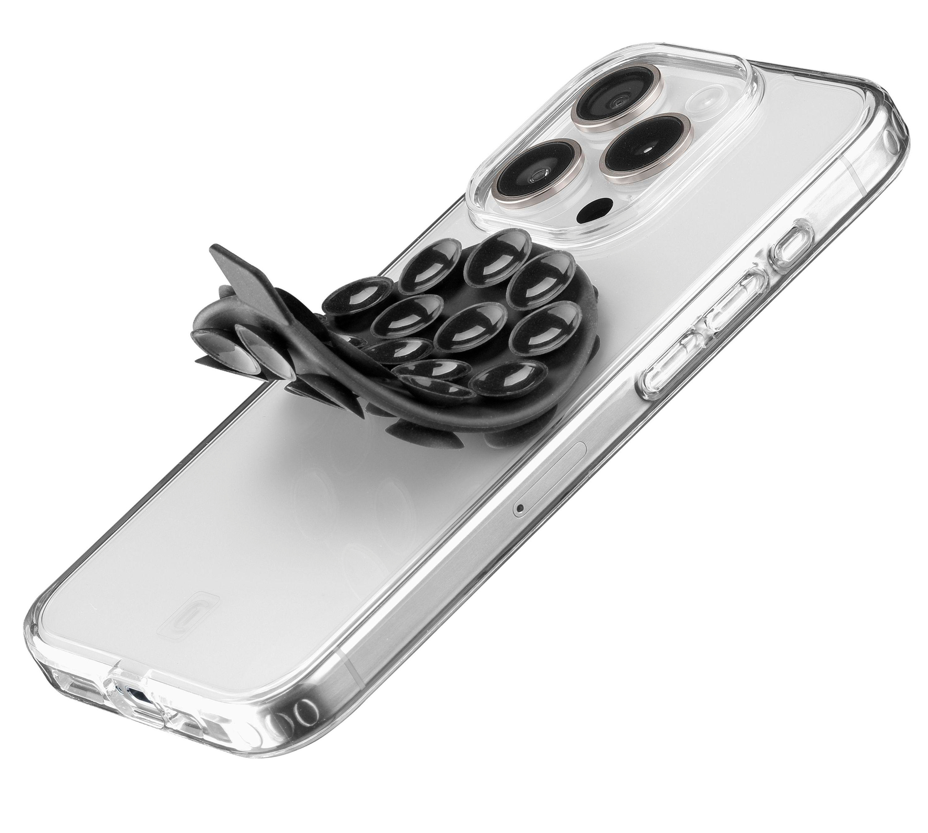 Transparente Handyhülle mit einem schwarzen Handy-Griff auf der Rückseite.