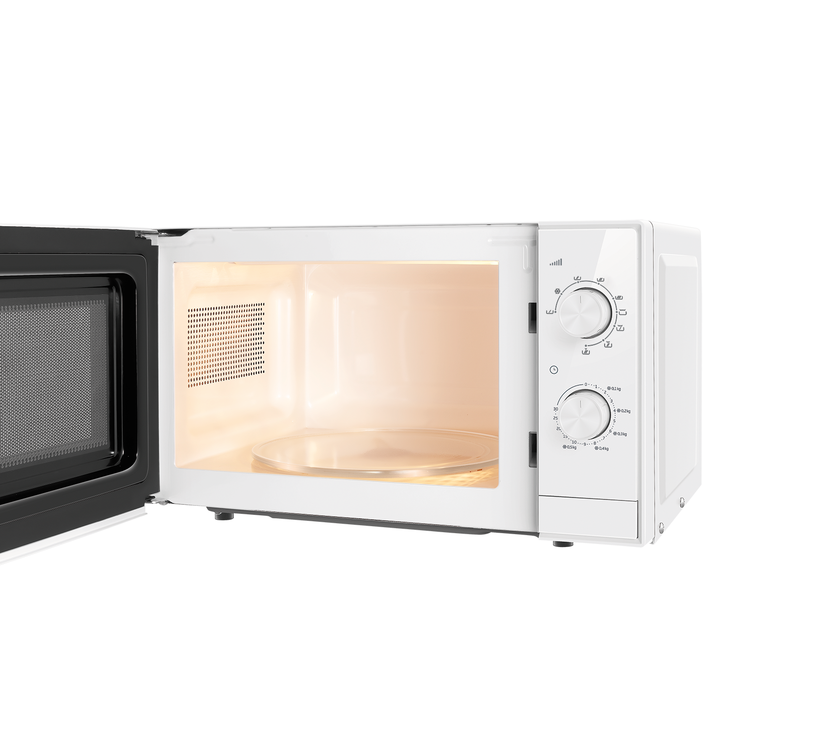 Microondas blanco con la puerta abierta, mostrando interior y diales de control, sobre fondo negro.