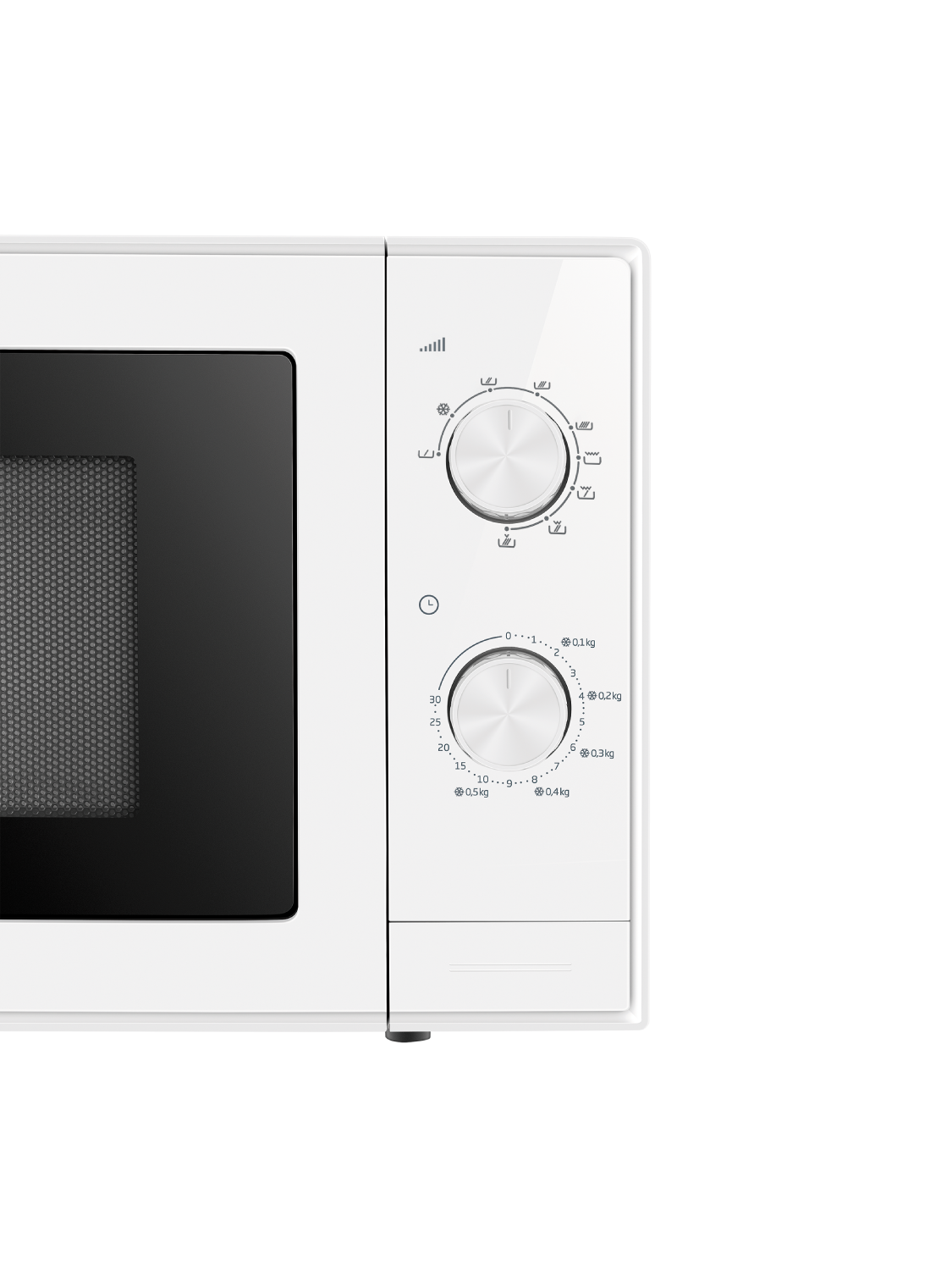 Horno microondas blanco con perillas de control en el lado derecho.