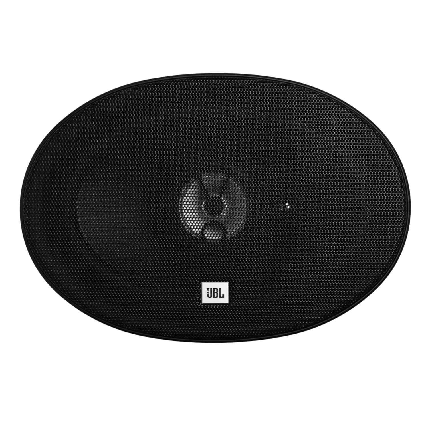 Zwarte ovale JBL luidspreker met een mesh grill op een zwarte achtergrond.