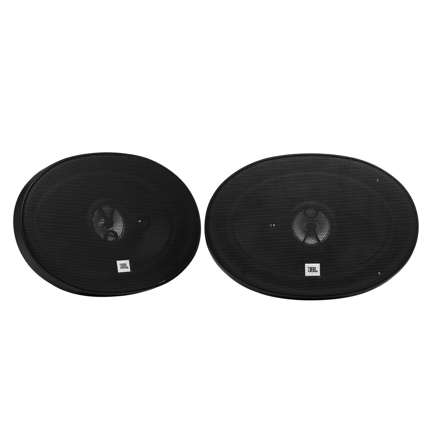 Twee zwarte JBL-luidsprekers met een mesh-cover en JBL-logo, op een witte achtergrond.