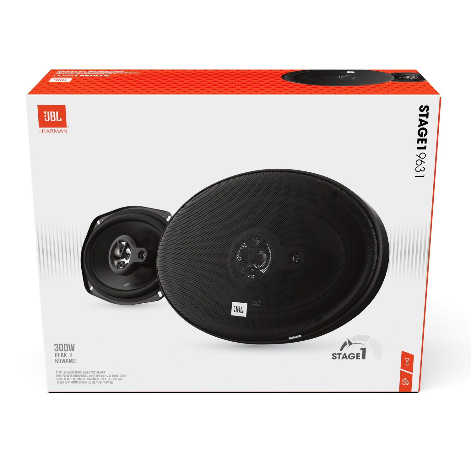 JBL autospeakers. Doos met twee speakers in een rasterpatroon.