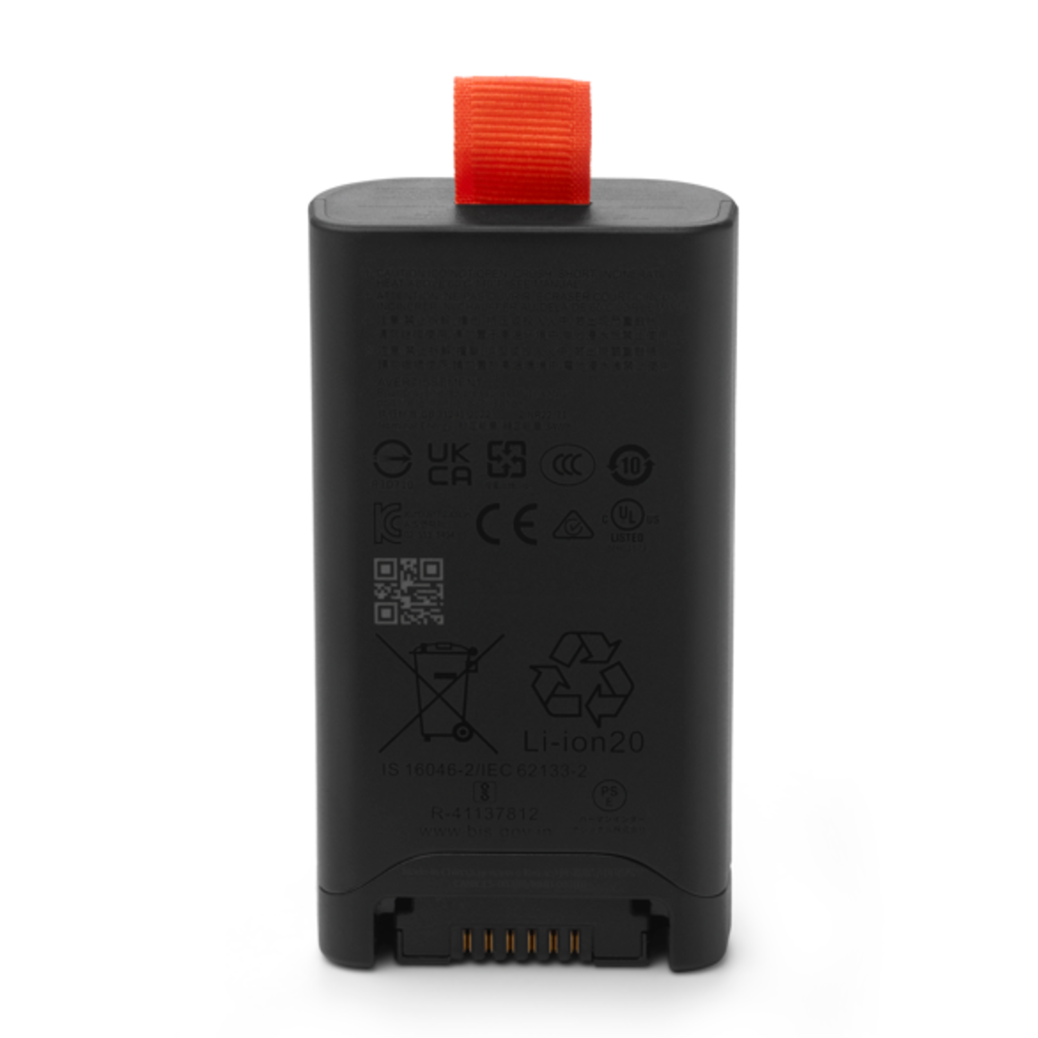 Een zwarte batterij met een rode band aan de bovenkant. Verschillende symbolen en tekst zijn erop gedrukt.
