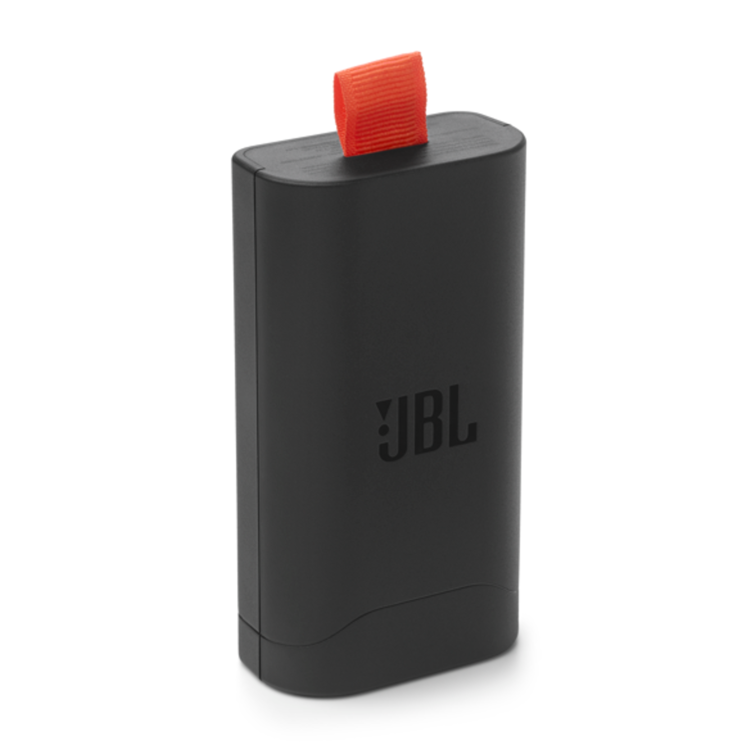 Zwarte draagbare JBL-oplader met een rode riem.