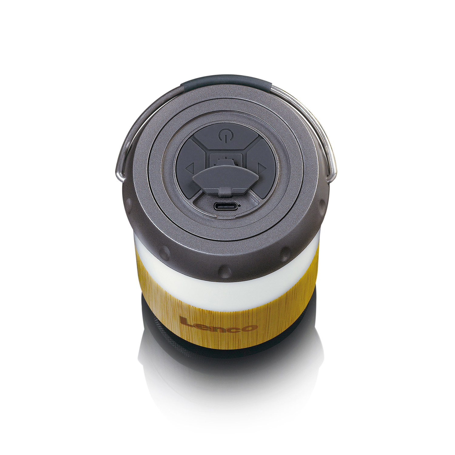 A cylindrical camping lantern with a handle, with gray and yellow sections.