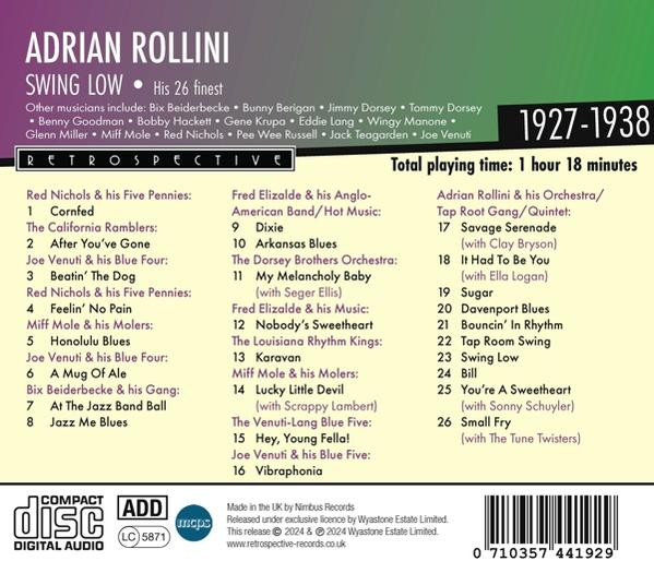 Rückseite einer CD mit Titelliste, Künstlername und Retro-Design.