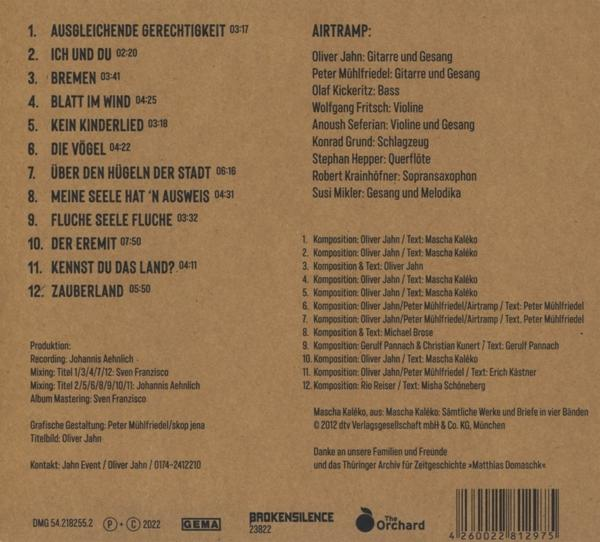 Albumcover mit deutschem Text. Listet Songtitel und Credits, mit Logo und Kontaktdaten.