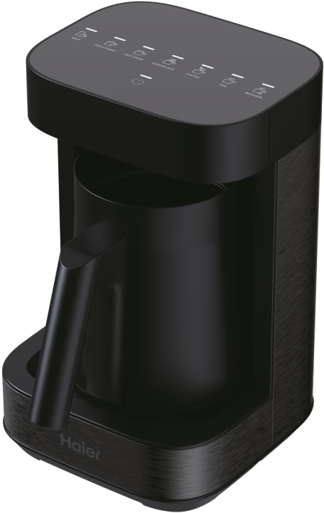 Una caffettiera Haier nera. La parte superiore ha dei pulsanti e c'è una maniglia sul lato.