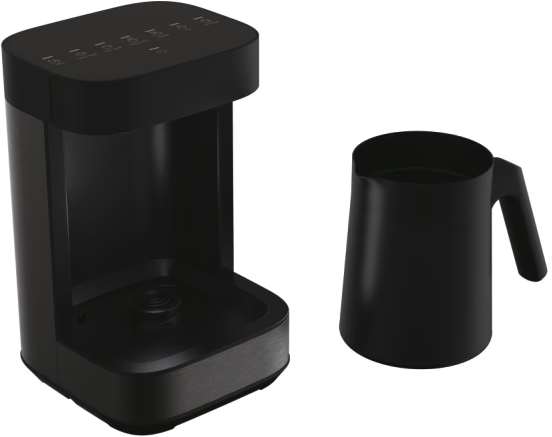 Macchina da caffè nera con caraffa nera. La macchina ha un display digitale.