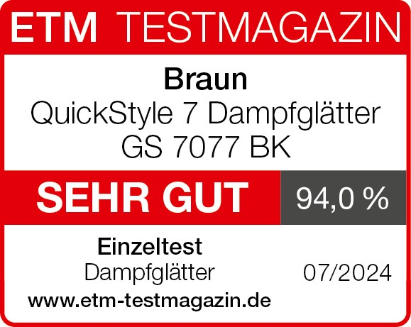 Una scheda di recensione del prodotto per la piastra a vapore Braun QuickStyle 7, con un punteggio del 94%.