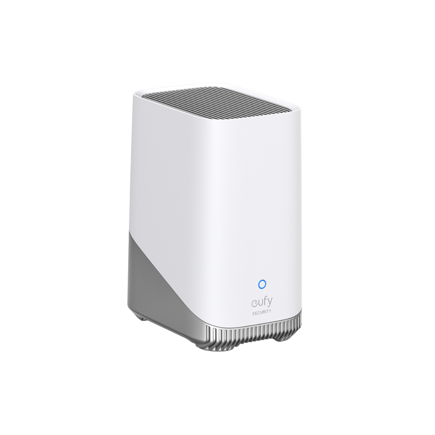 White and gray eufy security device. It has a blue light and a grid top.