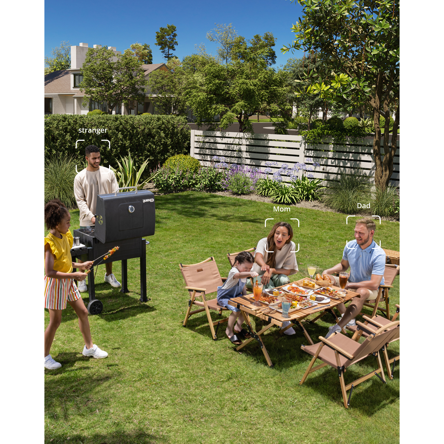 A family is at a barbecue. A stranger is cooking the food.