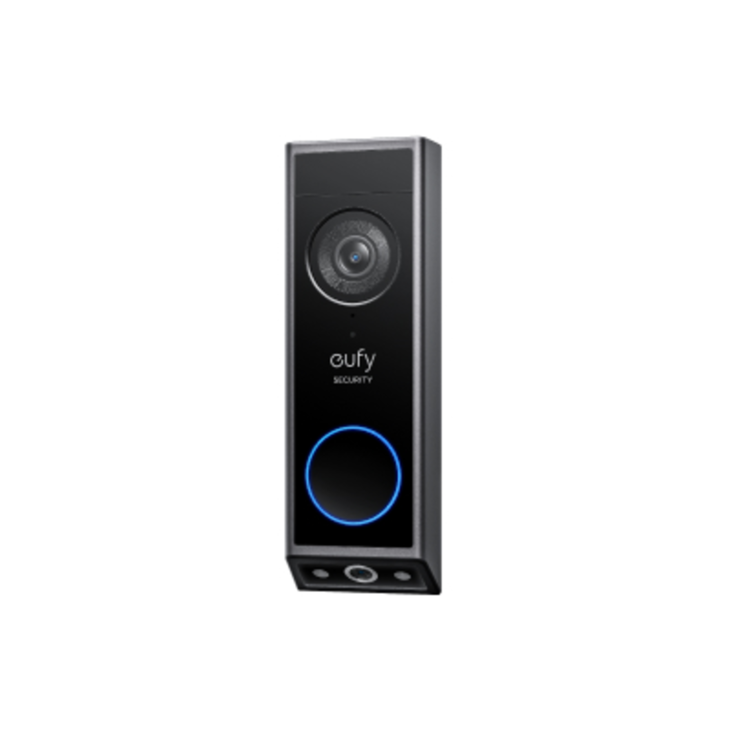 A black Eufy security video doorbell with a camera and a blue light circle. Text: eufy SECURITY.