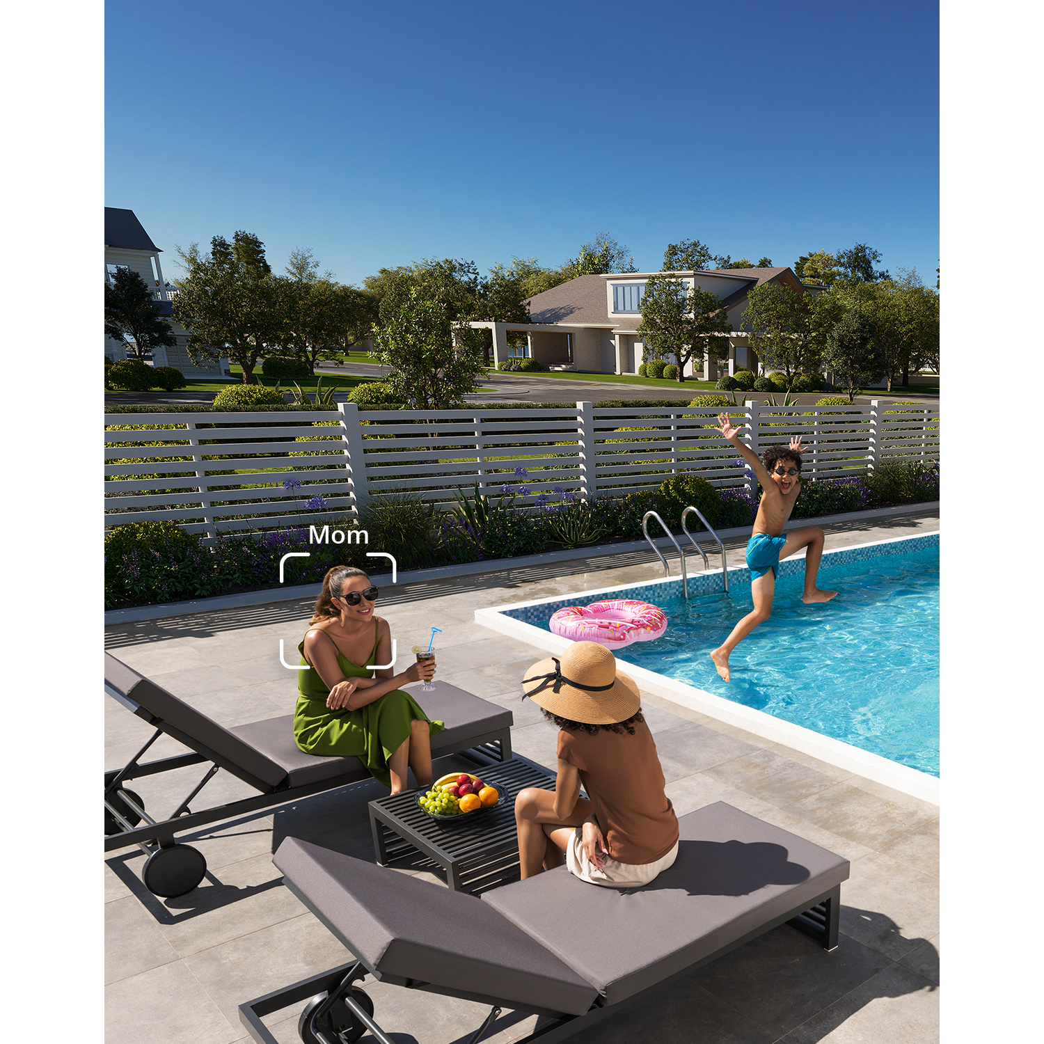 People at a pool: a woman, a child jumping in, and a person with a hat.