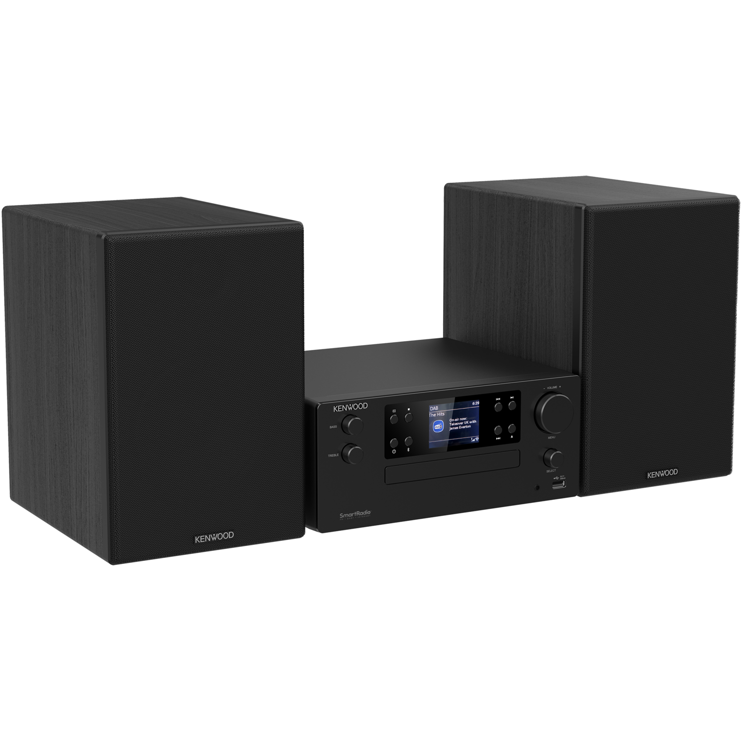 A black stereo system with speakers on both sides.