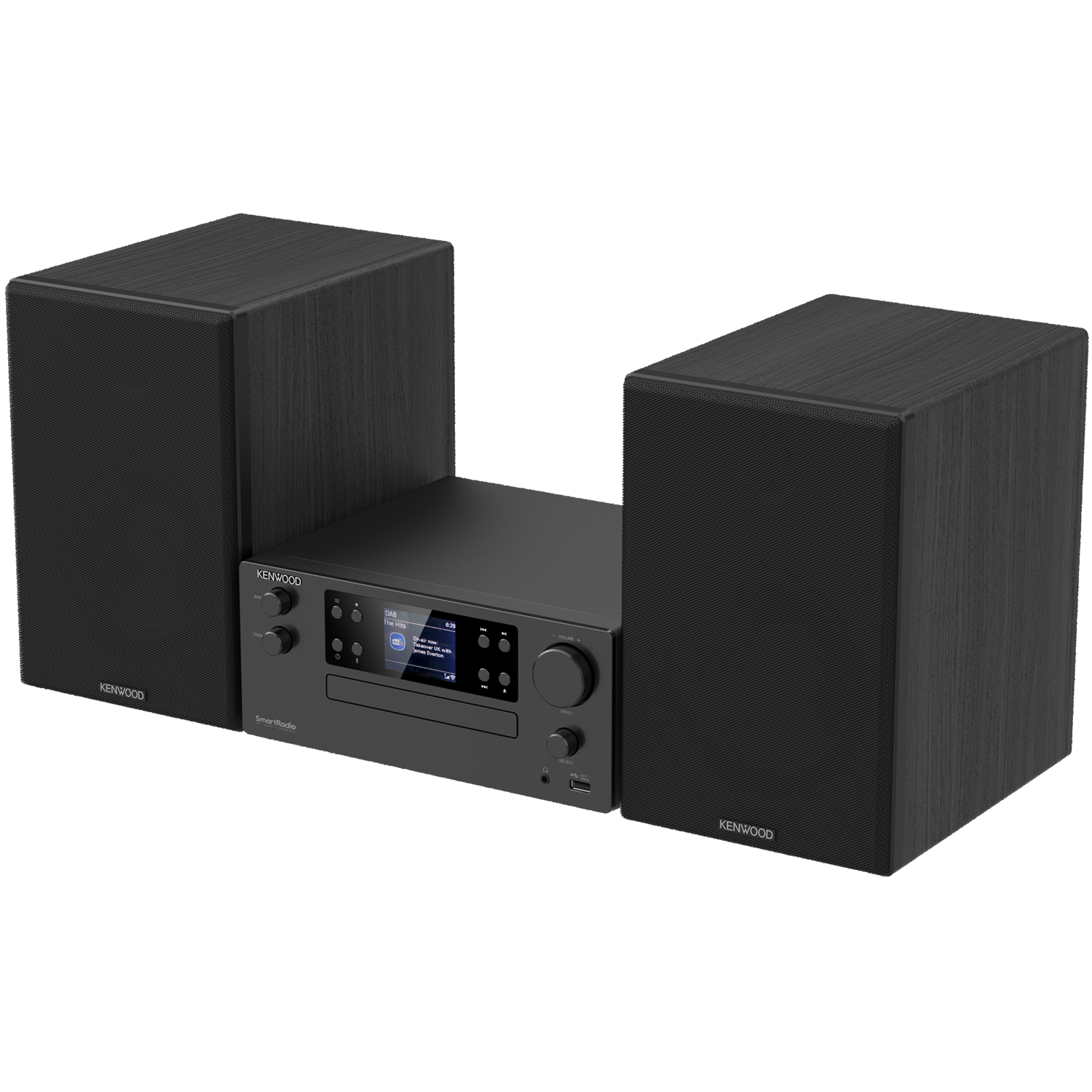 A black Kenwood stereo system with two speakers. It has a CD player, and display.