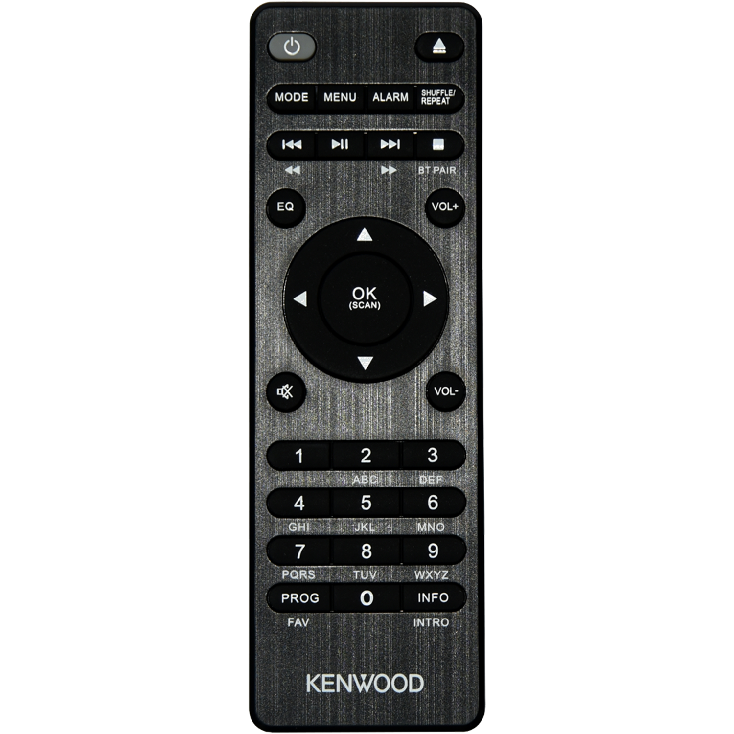 A dark remote control with buttons and a Kenwood logo on a dark background.