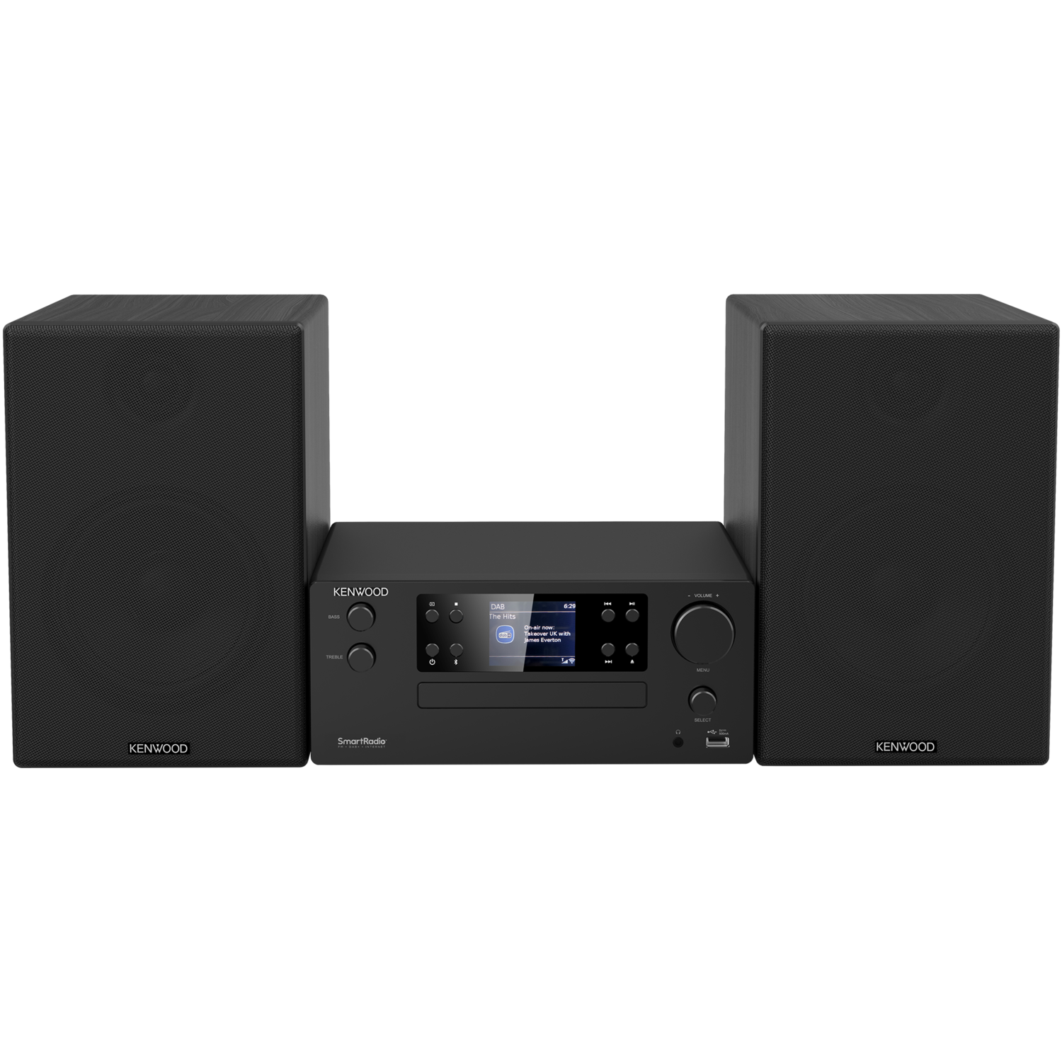 A black Kenwood SmartRadio audio system with two speakers, a central unit with a display.