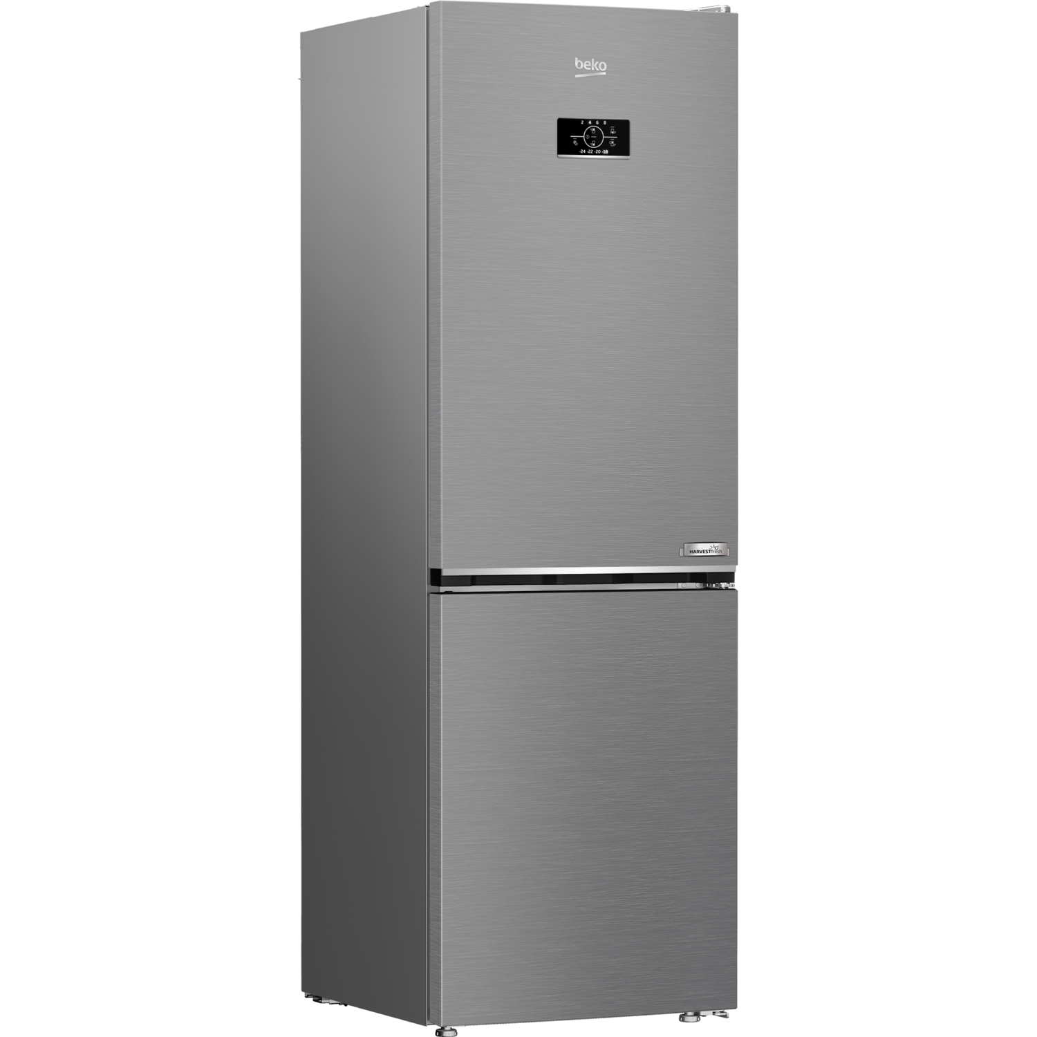 A silver Beko refrigerator. The refrigerator is on a black background.