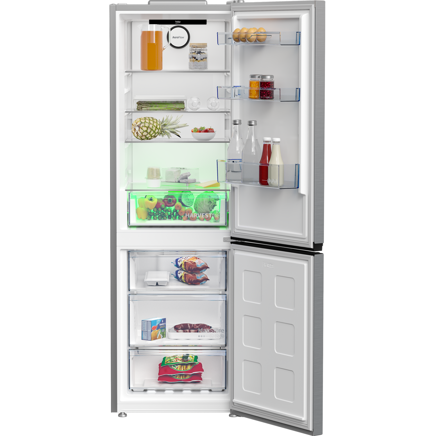 Opened silver refrigerator with shelves holding food and drinks. Has a fruit and vegetables drawer.