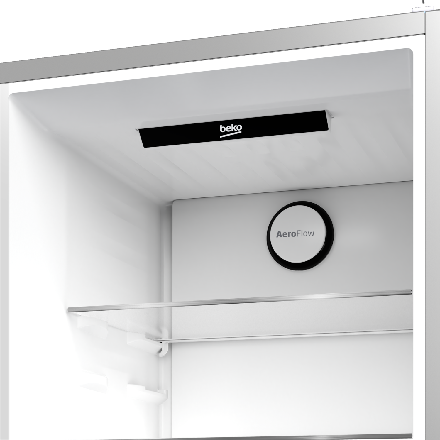Inside a white refrigerator, a black panel with 'beko' is visible. A circular element is also seen.
