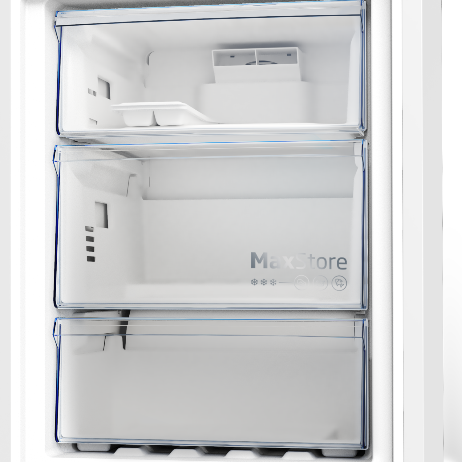Freezer interior with three compartments, transparent drawers.