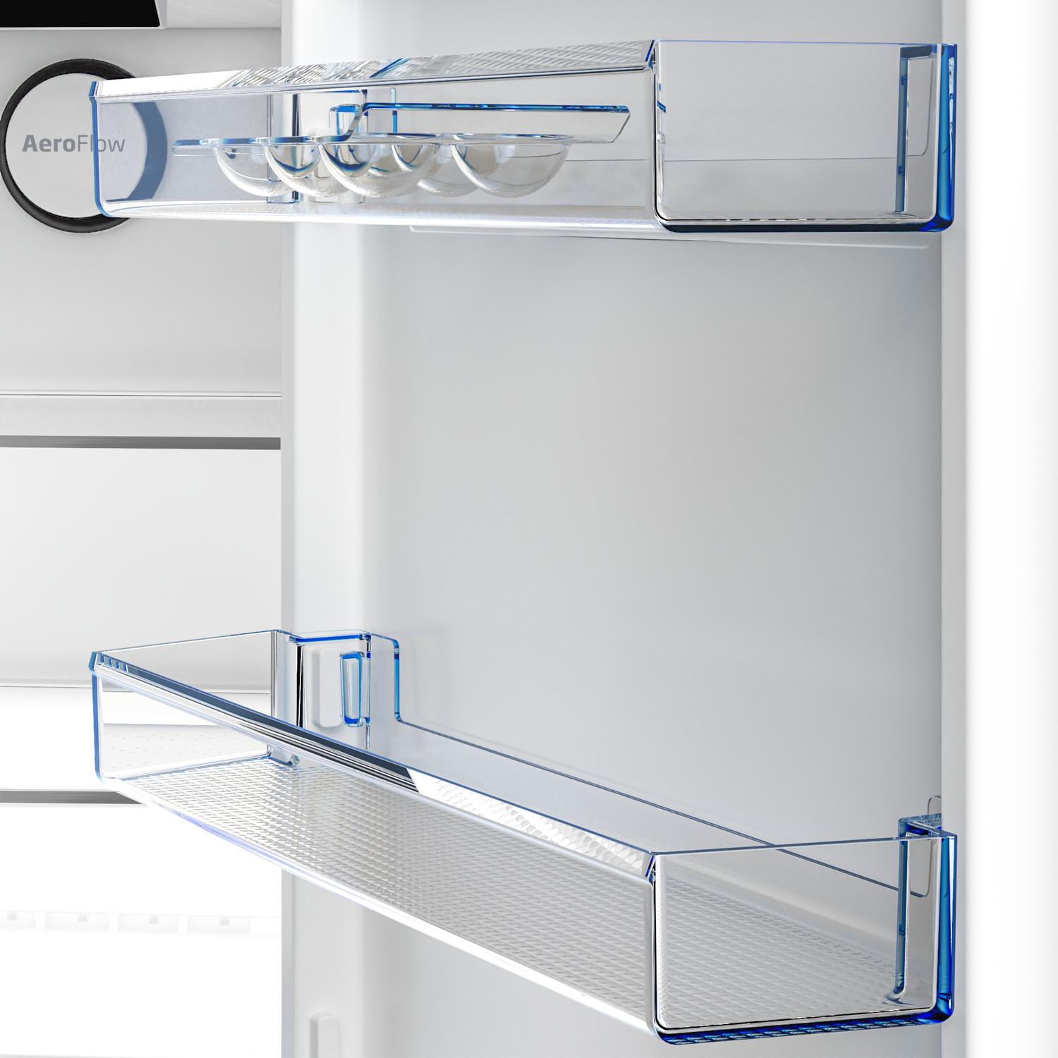 Refrigerator shelves with glass bowls inside on a white background.