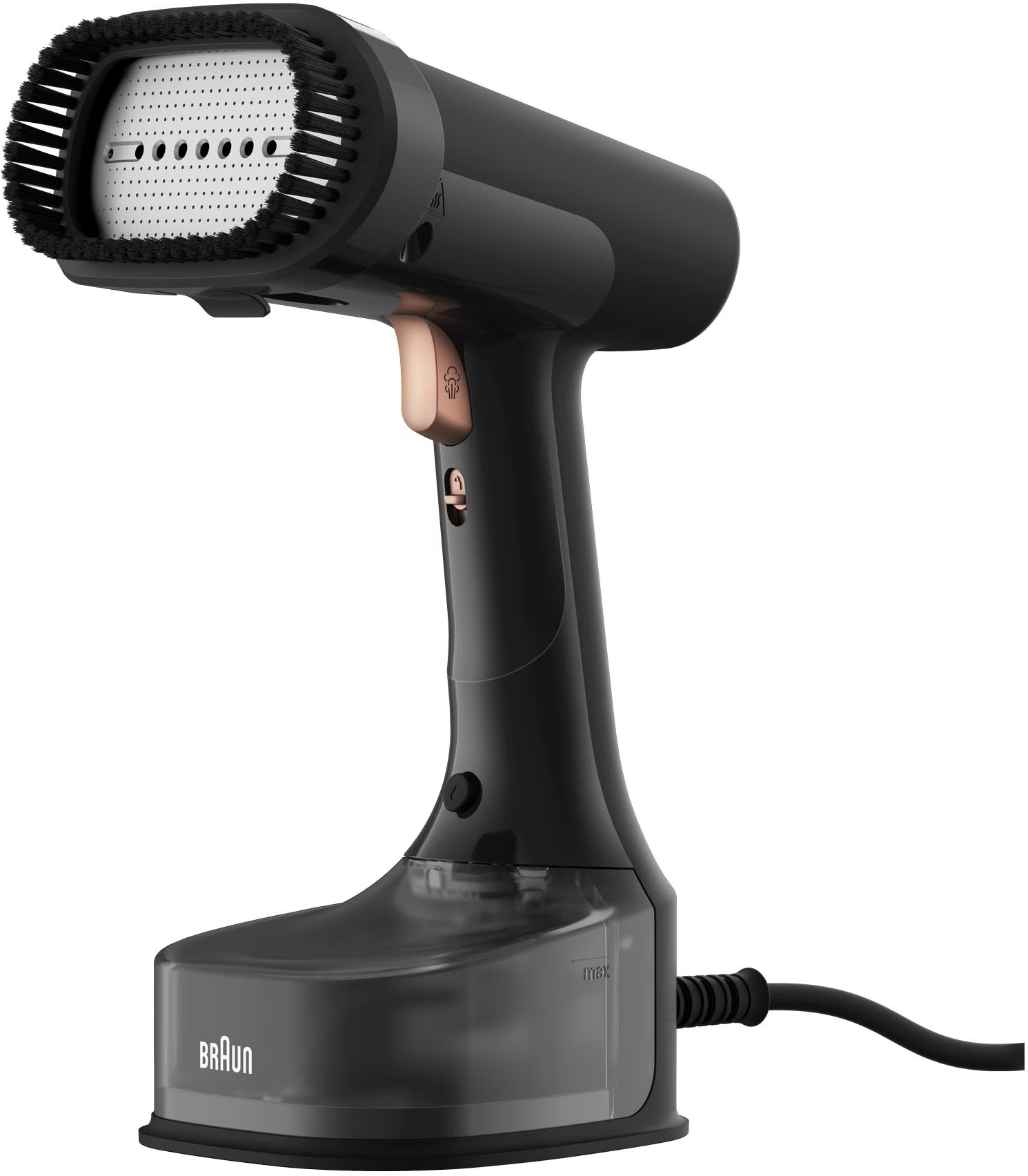 Vaporiera portatile Braun nera e oro rosa su sfondo bianco. Ha una testina a spazzola.