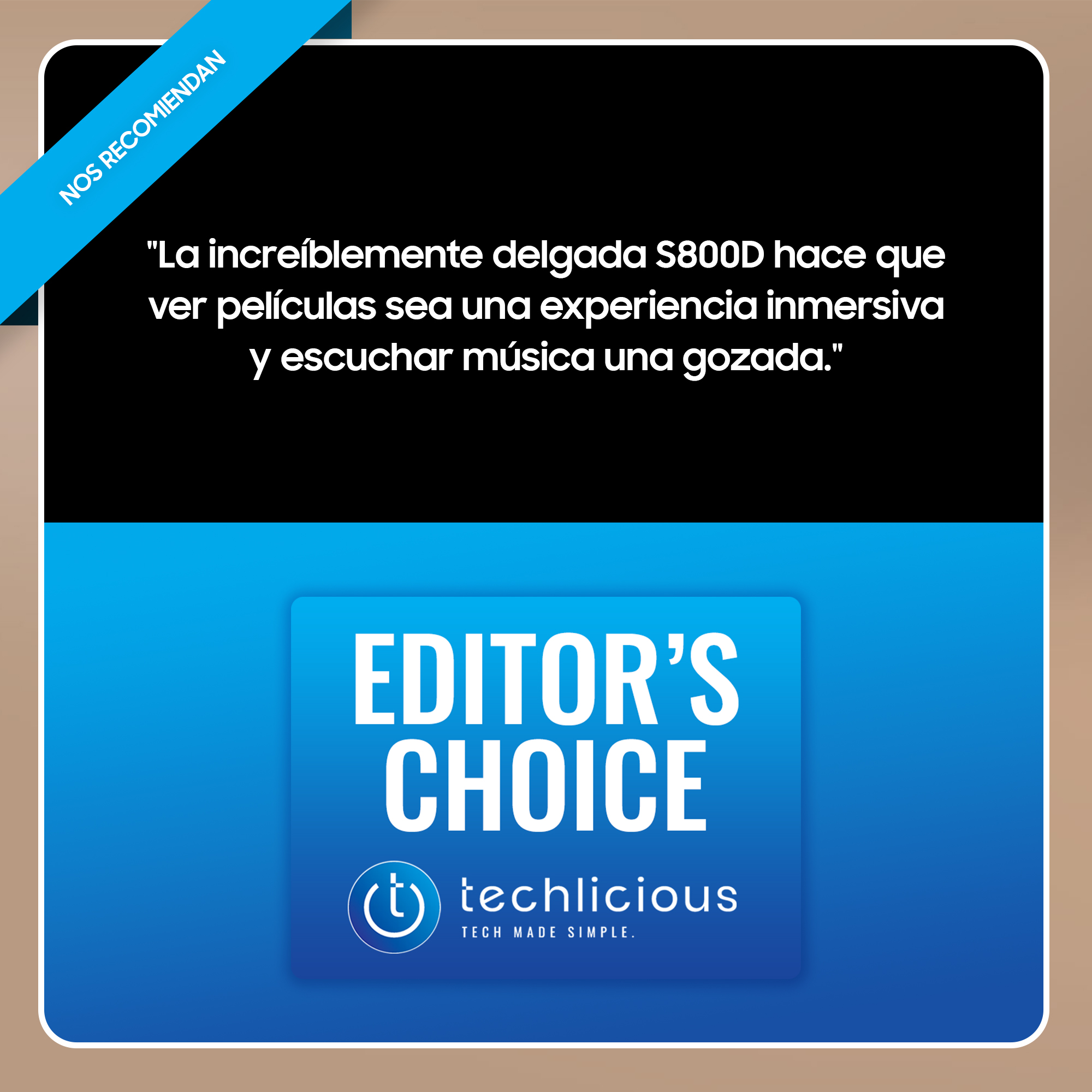 Una reseña tecnológica con el texto: 'Editor's Choice' y una cita en español sobre experiencia.
