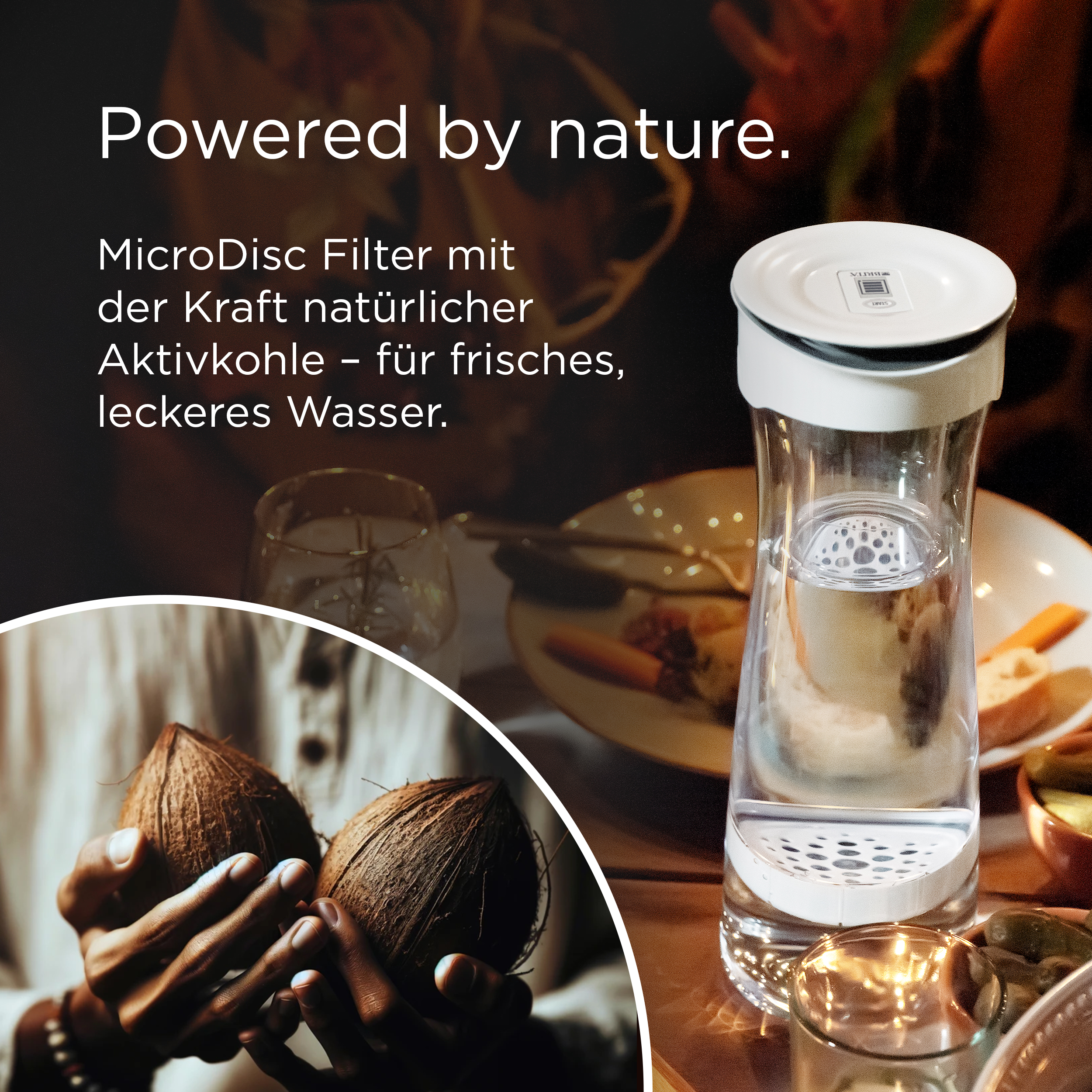 Wasserfilter mit Kokosnüssen und Brot auf einem Tisch. Angetrieben von Natur.