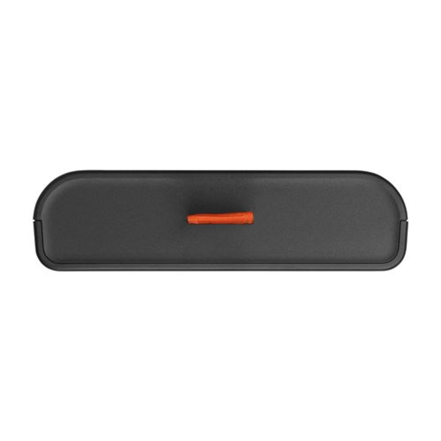 Zwarte container met een oranje handvat. Het handvat zit in het midden. De container staat op een wit oppervlak.