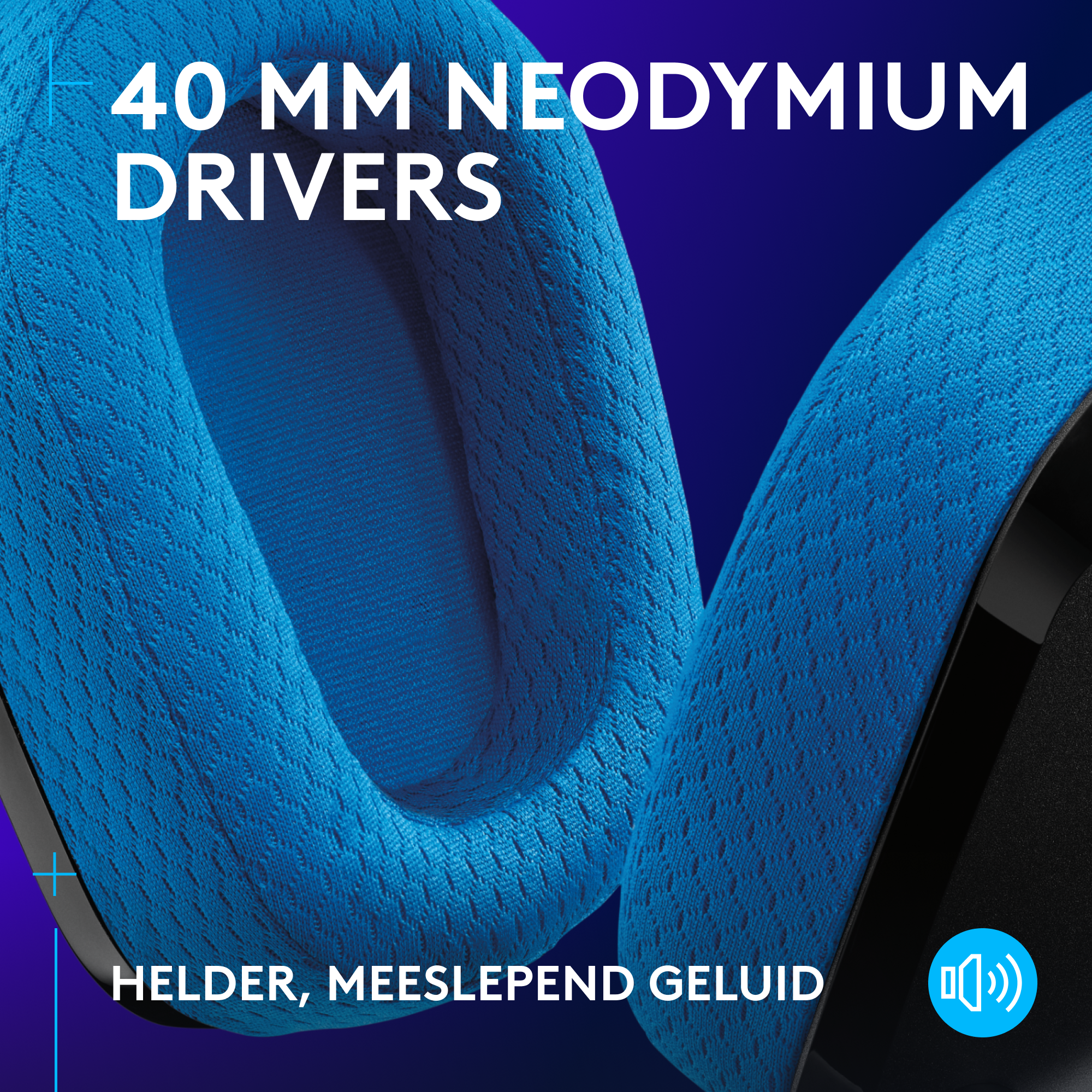 Close-up of blue headphones. Text states: 40 MM NEODYMIUM DRIVERS and HELDER, MEESLEPEND GELUID.