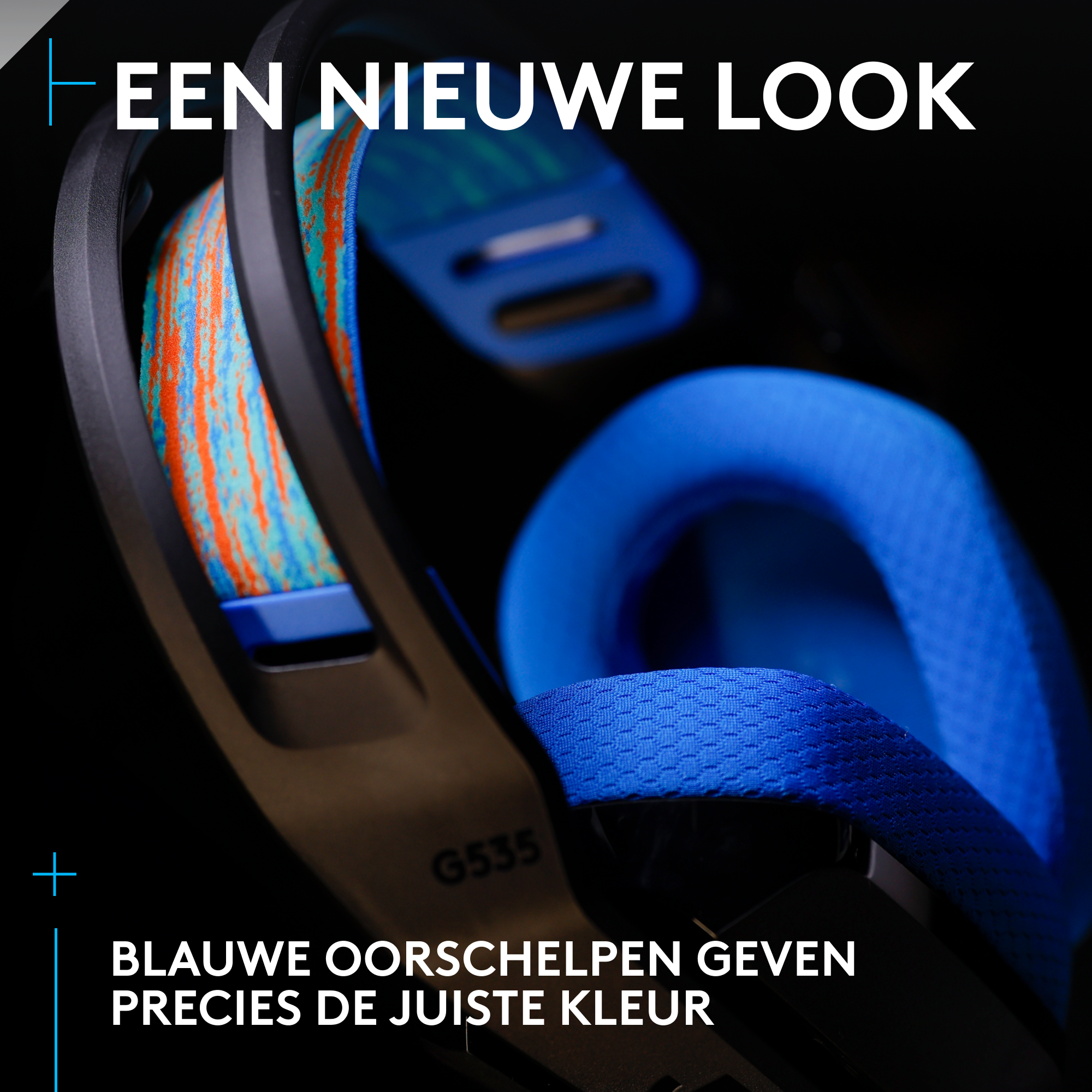 Close-up of a blue and black gaming headset. Text says 'EEN NIEUWE LOOK' and 'G535'.