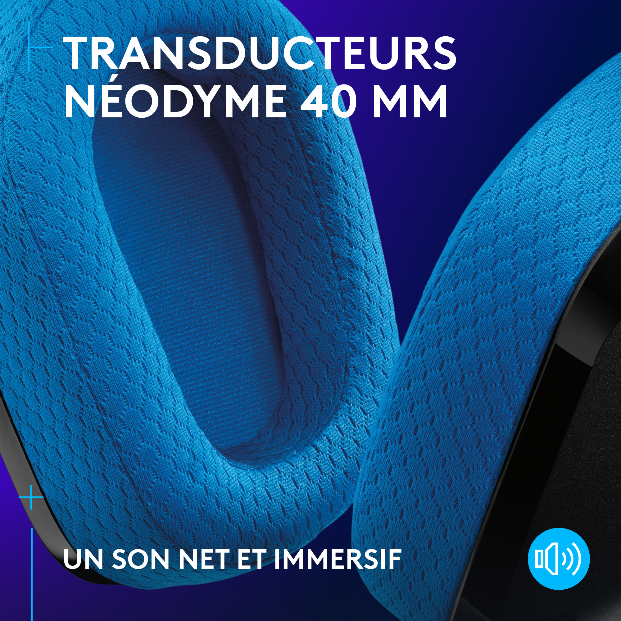 Casque bleu avec texte : transducteurs néodyme 40 mm, son immersif.