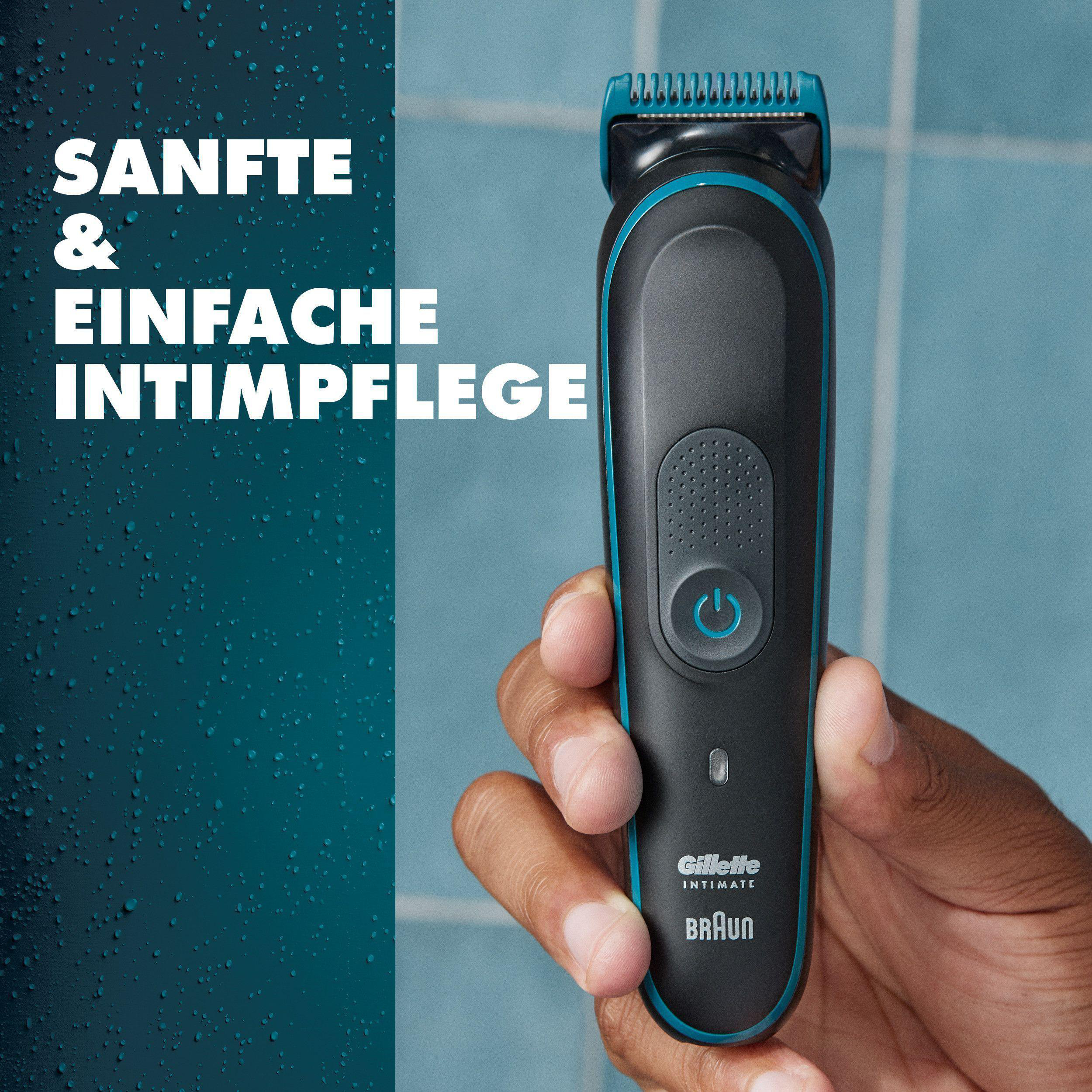 Eine Hand hält ein schwarzes und türkisfarbenes Pflegegerät, mit Text zur Intimpflege.