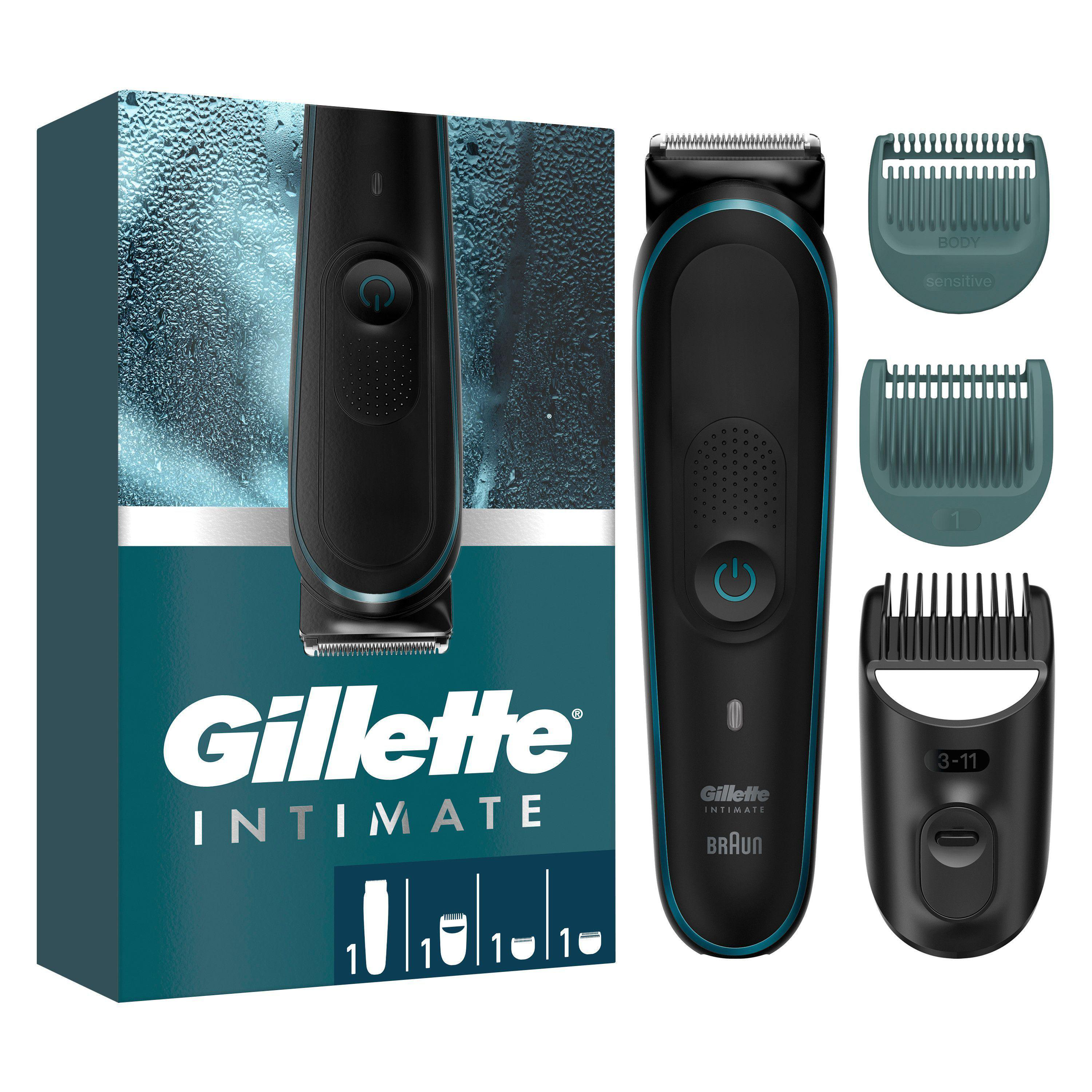 Ein schwarzer und tealfarbener Gillette Intimate Trimmer und Aufsätze werden in einer Box gezeigt.
