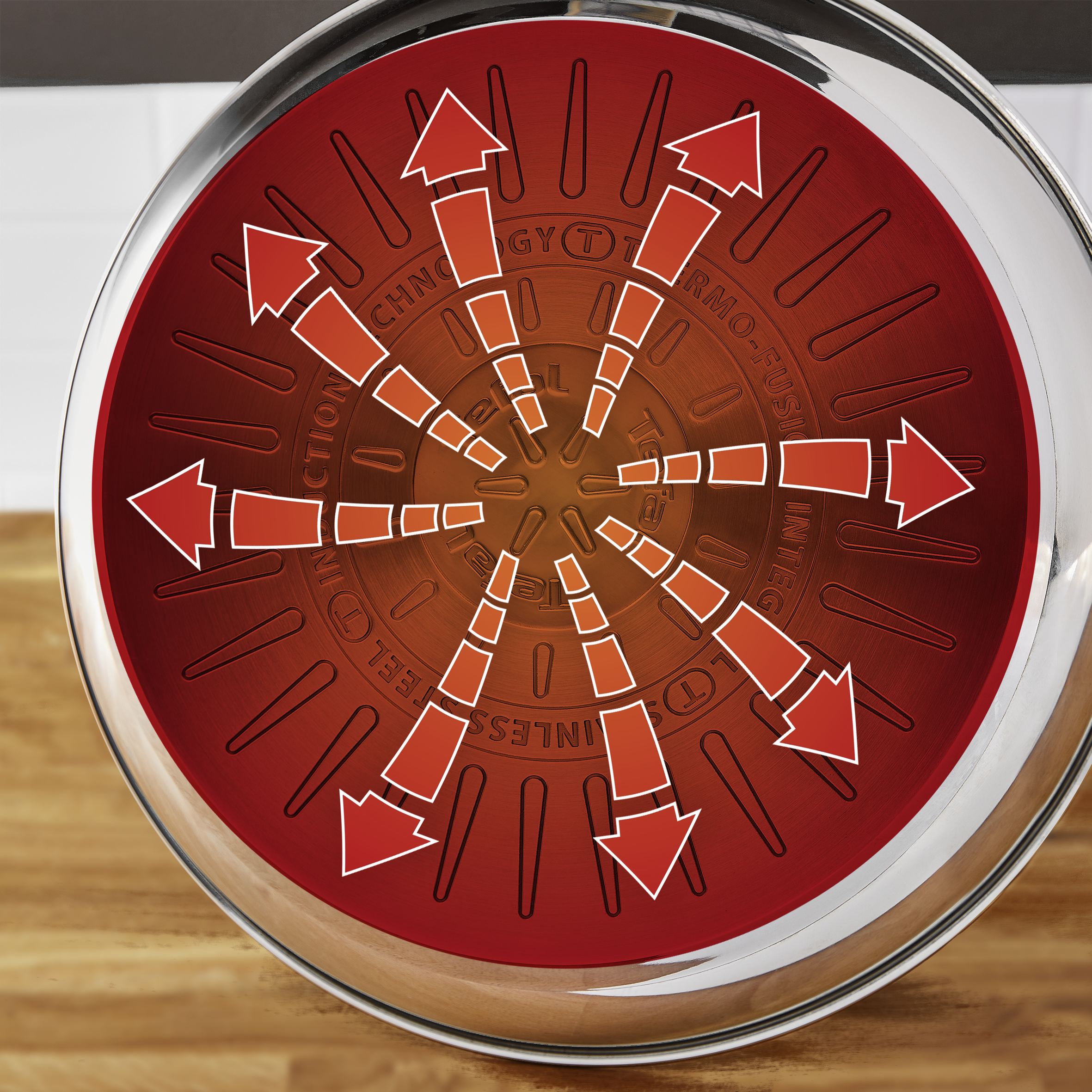 Czerwone i srebrne dno patelni. Strzałki pokazują rozkład ciepła i technologię.