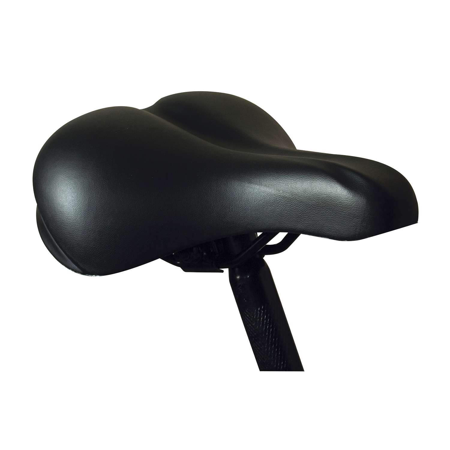 Una sella per bicicletta nera, con forma arrotondata. La sella è montata su un palo nero.
