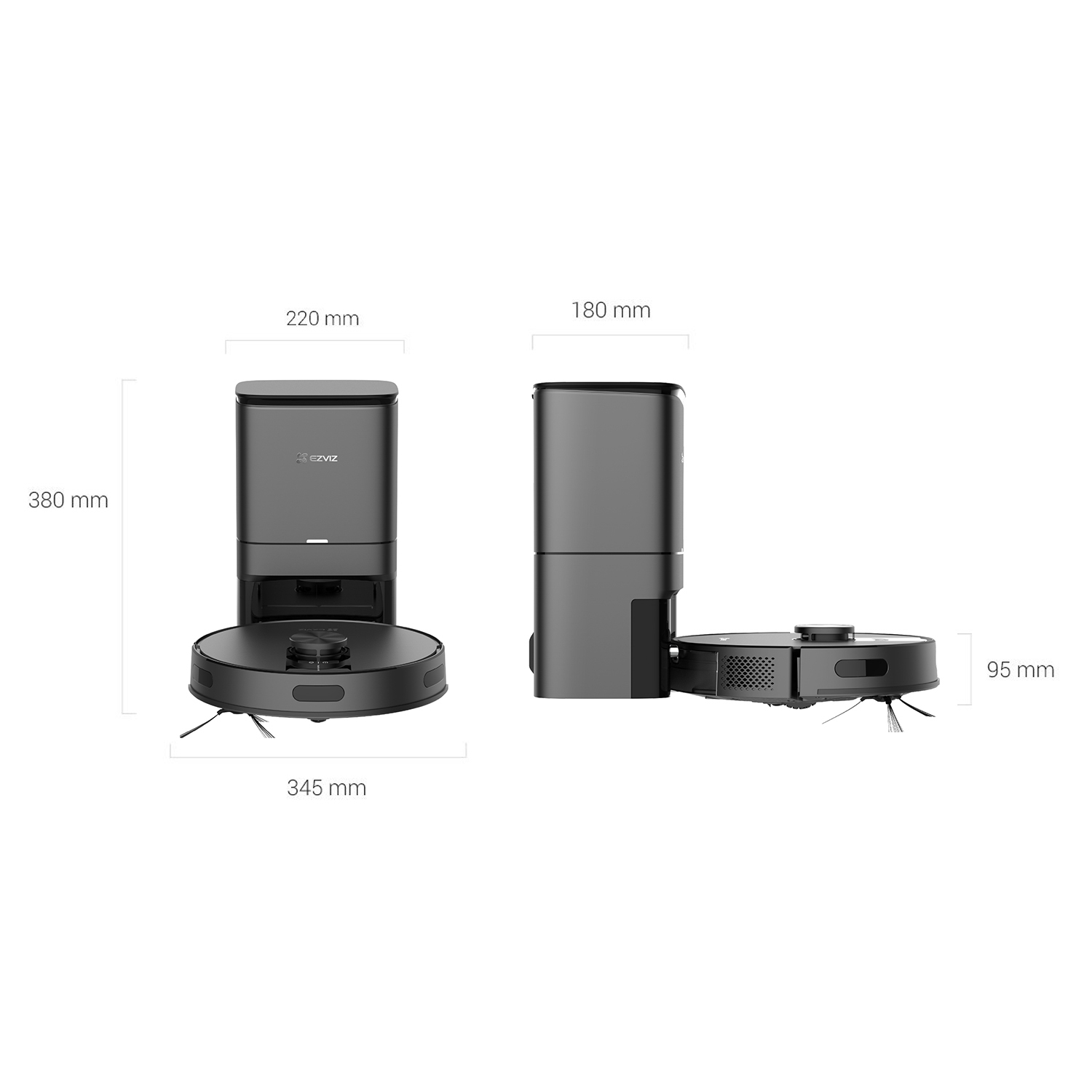 Robot aspirapolvere e stazione di ricarica con dimensioni in mm: 380x345x220x95x180.